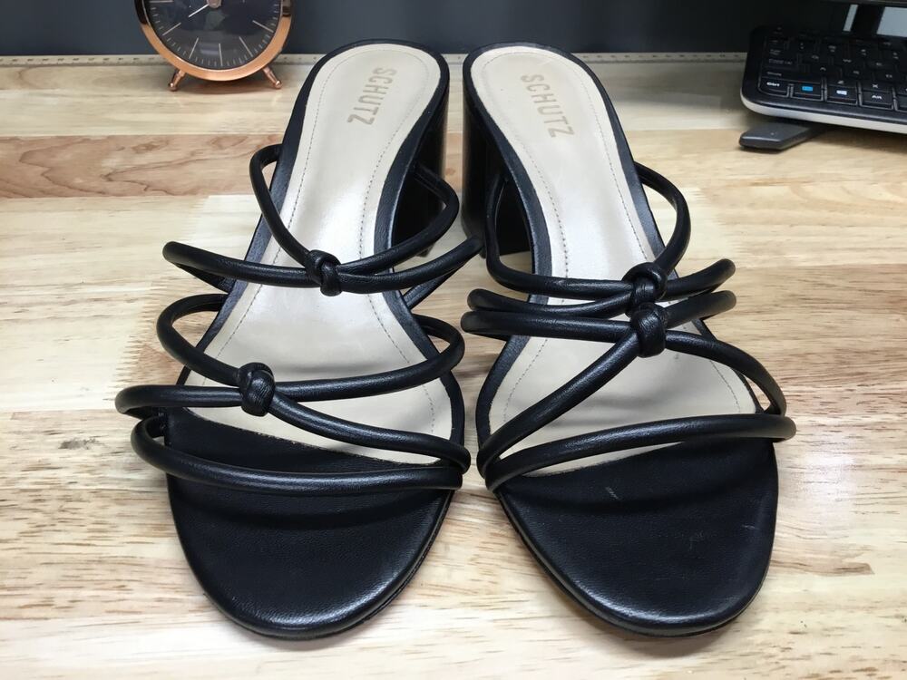 Schutz Princey Strappy Sandals Women's 9.5 Black Leather Open Toe Heel Casual